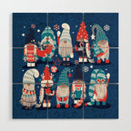 Let it gnome // blue background little Santa's helpers preparing for Christmas neon red classic oxford and pastel blue dressed gnomes Wood Wall Art Gallery Image 1