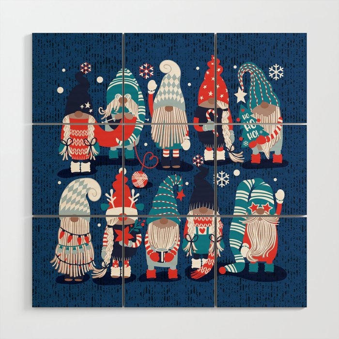 Let it gnome // blue background little Santa's helpers preparing for Christmas neon red classic oxford and pastel blue dressed gnomes Wood Wall Art Gallery Image 1
