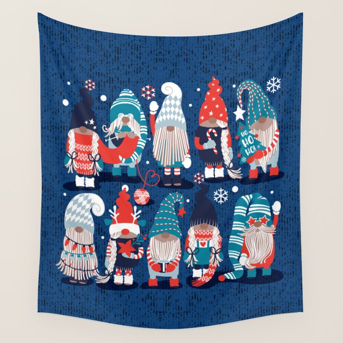 Let it gnome // blue background little Santa's helpers preparing for Christmas neon red classic oxford and pastel blue dressed gnomes Wall Tapestry Gallery Image 1
