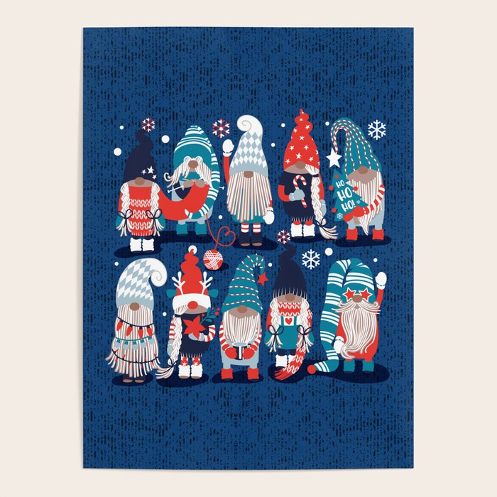 Let it gnome // blue background little Santa's helpers preparing for Christmas neon red classic oxford and pastel blue dressed gnomes Poster Gallery Image 1