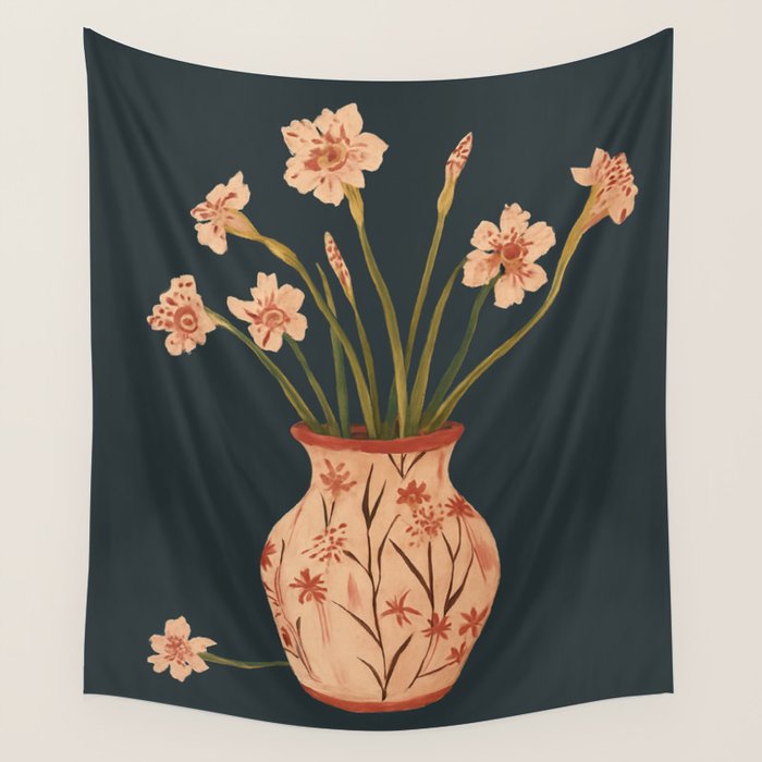 Blush Blooms in Painted Vase Wall Tapestry Gallery Image 1