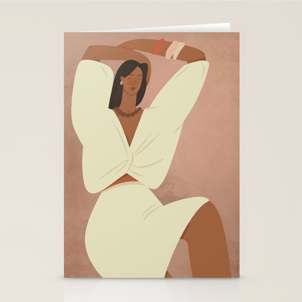  portrait of a fragile woman in a white suit on a pink background Stationery Card Gallery Image 1