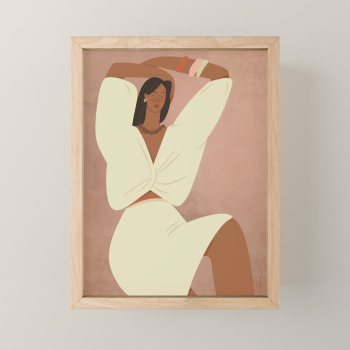  portrait of a fragile woman in a white suit on a pink background Mini Art Print Gallery Image 1