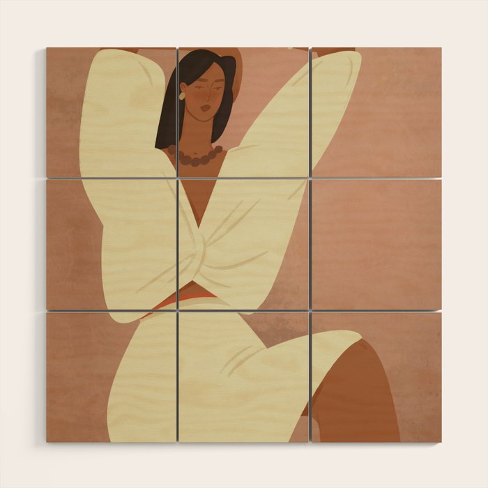  portrait of a fragile woman in a white suit on a pink background Wood Wall Art Gallery Image 1