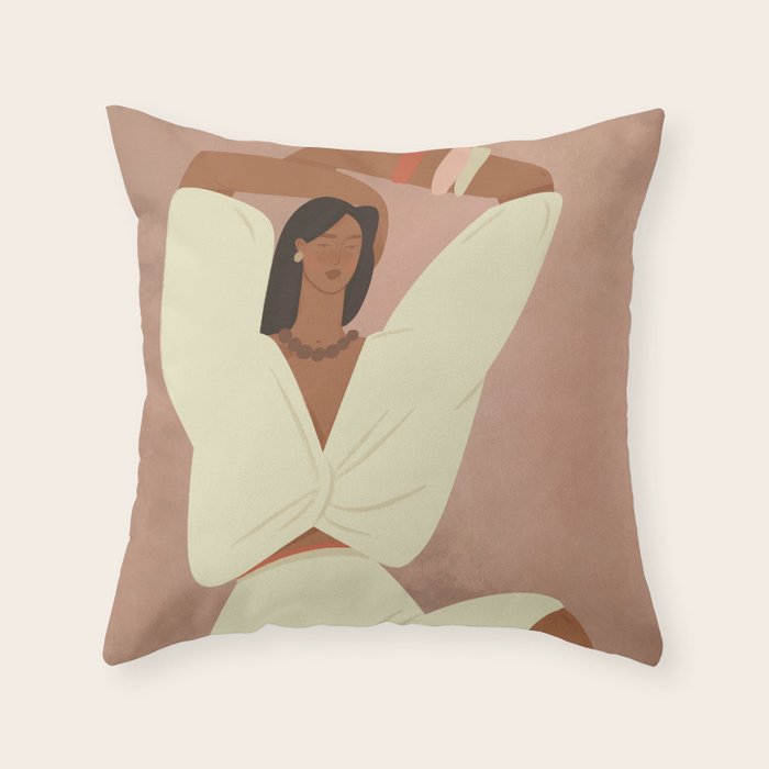  portrait of a fragile woman in a white suit on a pink background Throw Pillow Gallery Image 1