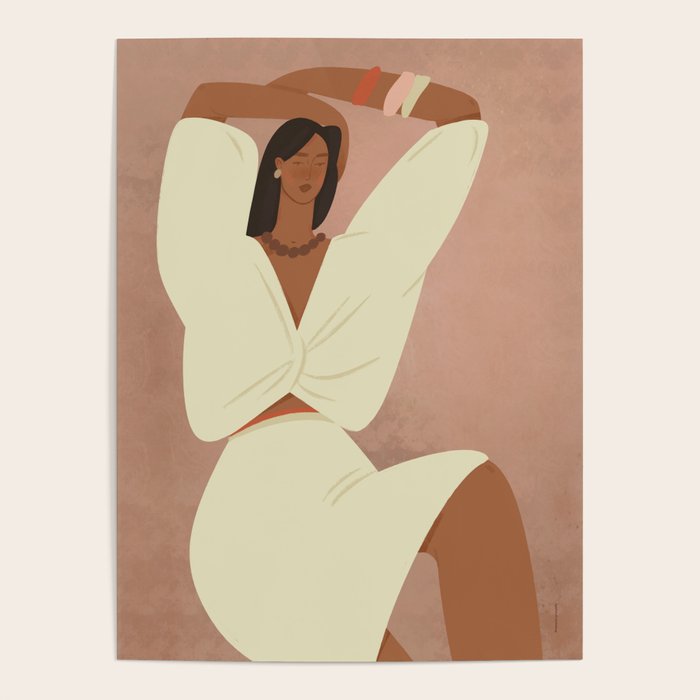  portrait of a fragile woman in a white suit on a pink background Poster Gallery Image 1