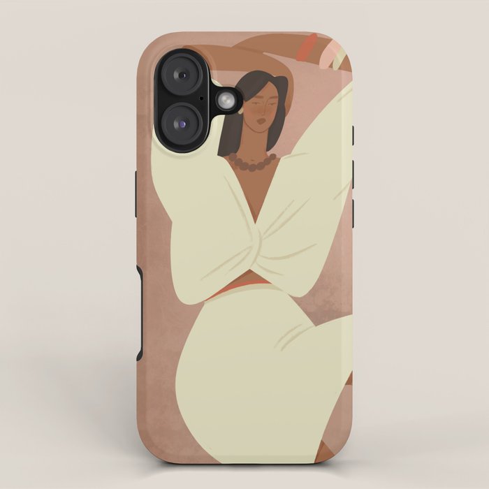  portrait of a fragile woman in a white suit on a pink background iPhone Case Gallery Image 1