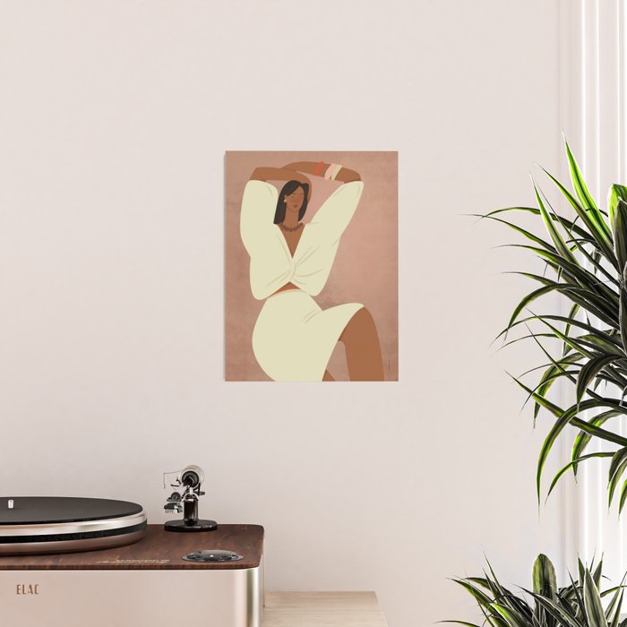  portrait of a fragile woman in a white suit on a pink background Poster Gallery Image 2