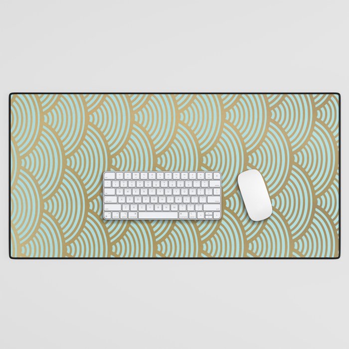 Festive, Art Deco, Wave, Pattern, Green and Gold Desk Mat Gallery Image 1