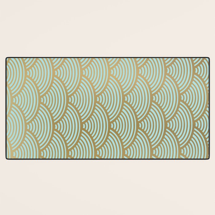 Festive, Art Deco, Wave, Pattern, Green and Gold Desk Mat Gallery Image 3