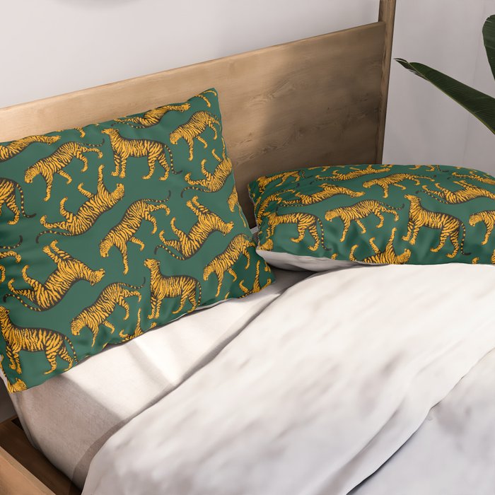 Tigers (Dark Green and Marigold) Pillow Sham Gallery Image 2