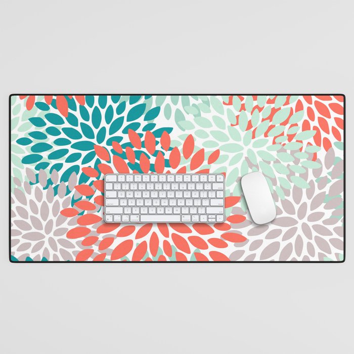 Floral Pattern, Orange, Teal, Mint Green, Flower Print Desk Mat Gallery Image 1
