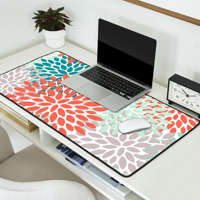 Floral Pattern, Orange, Teal, Mint Green, Flower Print Desk Mat Gallery Image 2