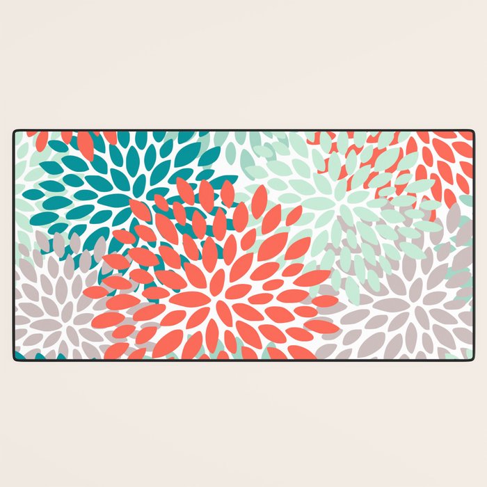 Floral Pattern, Orange, Teal, Mint Green, Flower Print Desk Mat Gallery Image 3
