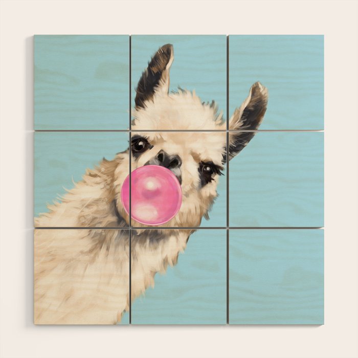 Bubble Gum Sneaky Llama in Blue Wood Wall Art Gallery Image 1