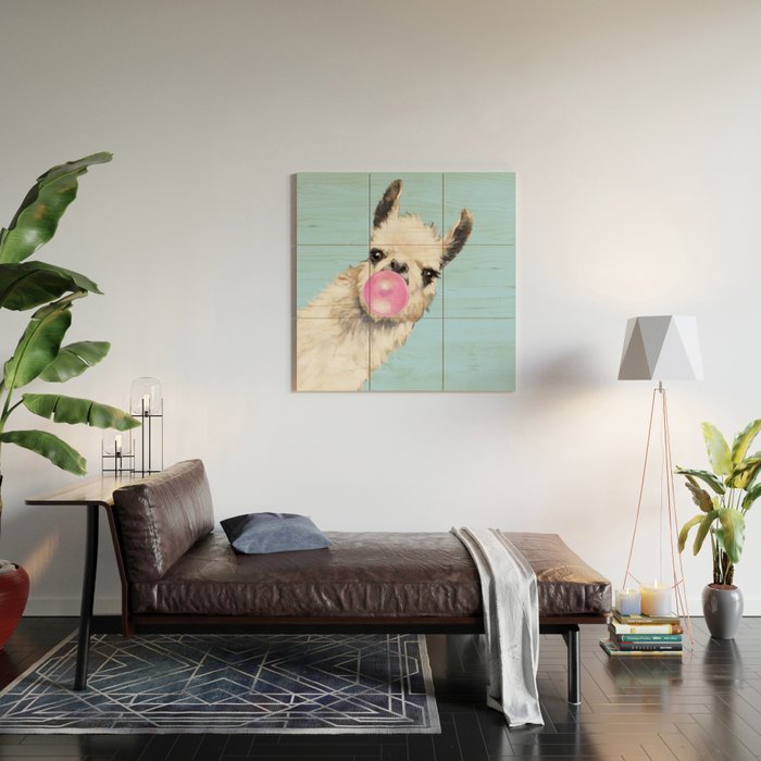 Bubble Gum Sneaky Llama in Blue Wood Wall Art Gallery Image 2
