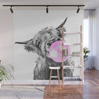 Bubble Gum Highland Cow Black and White Wall Mural Gallery Image 1