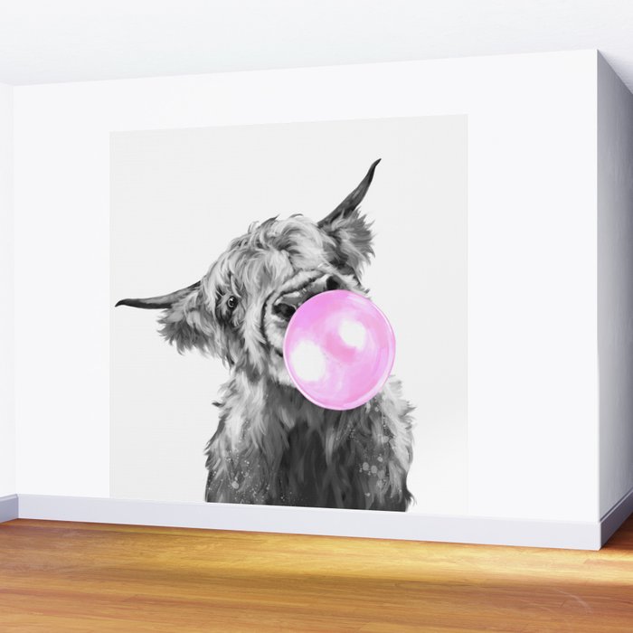 Bubble Gum Highland Cow Black and White Wall Mural Gallery Image 2