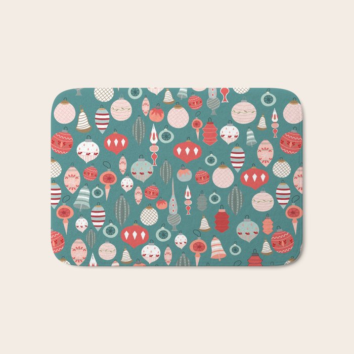 Vintage Christmas baubles teal background Bath Mat Gallery Image 1