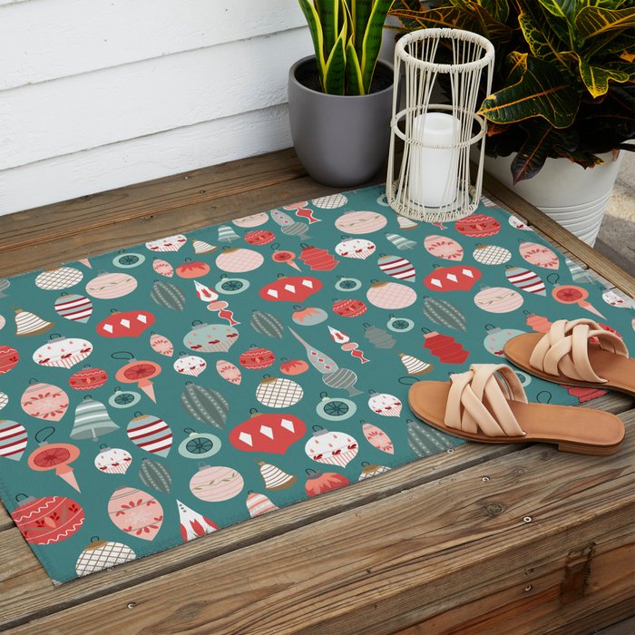 Vintage Christmas baubles teal background Outdoor Rug Gallery Image 2