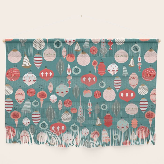 Vintage Christmas baubles teal background Wall Hanging Gallery Image 1