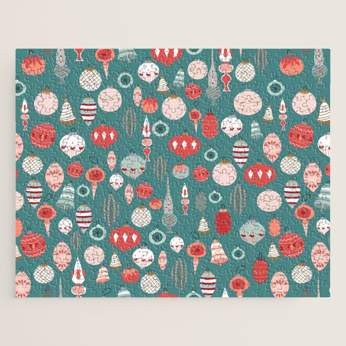 Vintage Christmas baubles teal background Jigsaw Puzzle Gallery Image 1