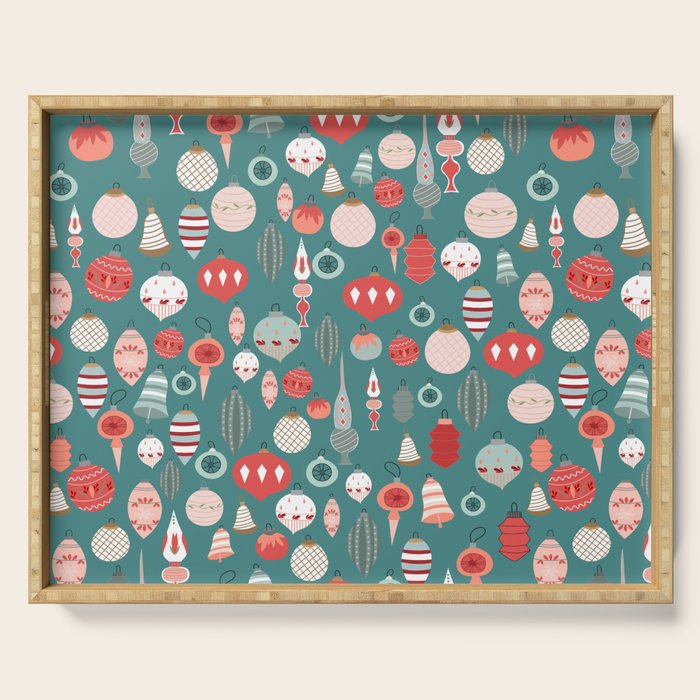 Vintage Christmas baubles teal background Serving Tray Gallery Image 1