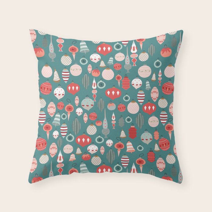 Vintage Christmas baubles teal background Throw Pillow Gallery Image 6