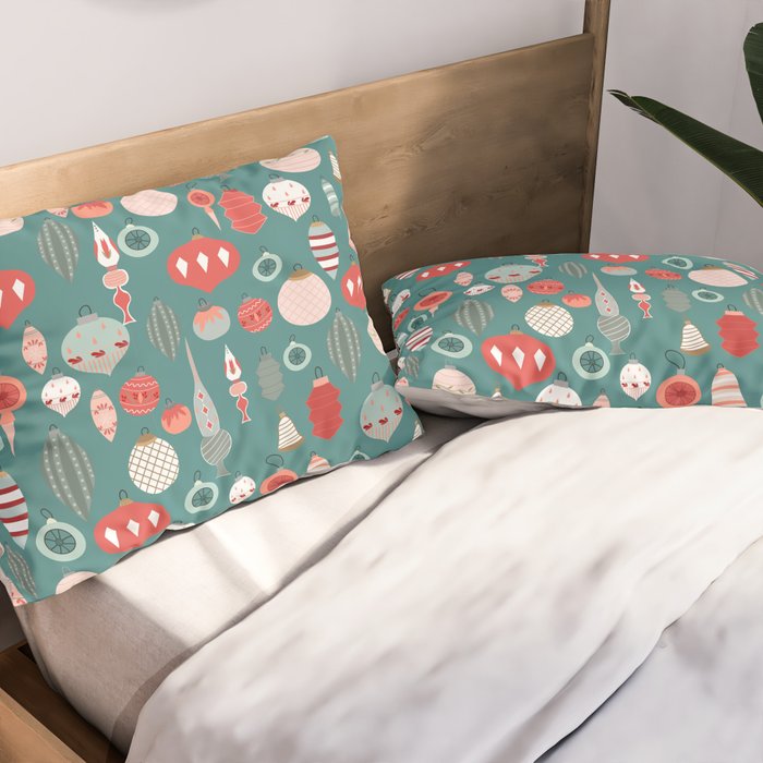 Vintage Christmas baubles teal background Pillow Sham Gallery Image 2