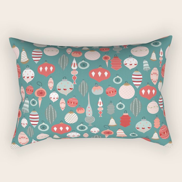 Vintage Christmas baubles teal background Rectangular Pillow Gallery Image 1