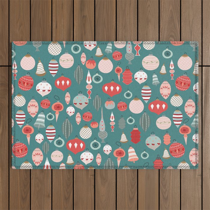 Vintage Christmas baubles teal background Outdoor Rug Gallery Image 1
