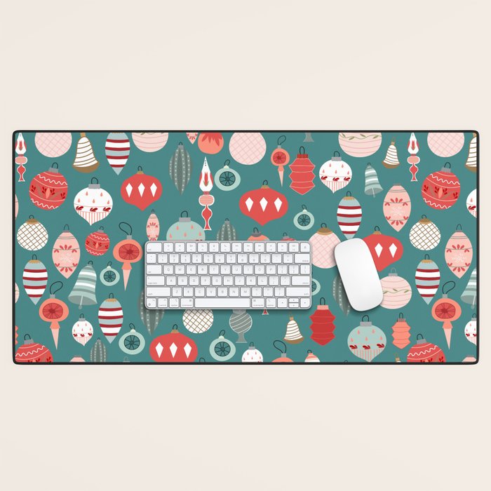 Vintage Christmas baubles teal background Desk Mat Gallery Image 1