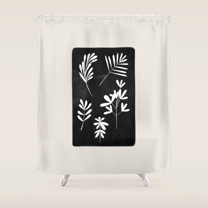 Plant Fossils Line Drawing Black Illustration Paper Collage Night Sky Minimalist Midcentury by Ejaaz Haniff  Shower Curtain Gallery Image 1