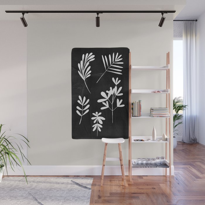 Plant Fossils Line Drawing Black Illustration Paper Collage Night Sky Minimalist Midcentury by Ejaaz Haniff  Wall Mural Gallery Image 1