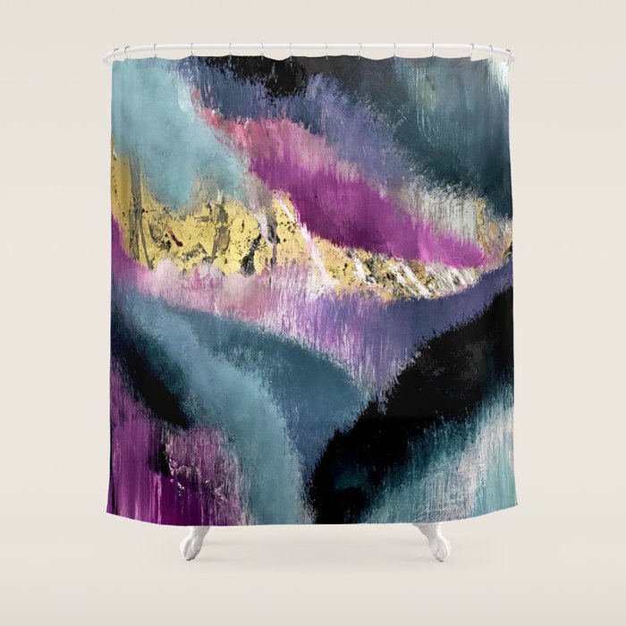 Gemini: a vibrant, colorful abstract piece in gold, purple, blue, black, and white Shower Curtain Gallery Image 1