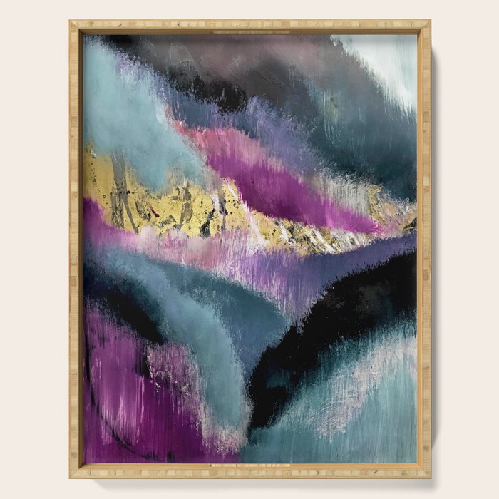 Gemini: a vibrant, colorful abstract piece in gold, purple, blue, black, and white Serving Tray Gallery Image 1