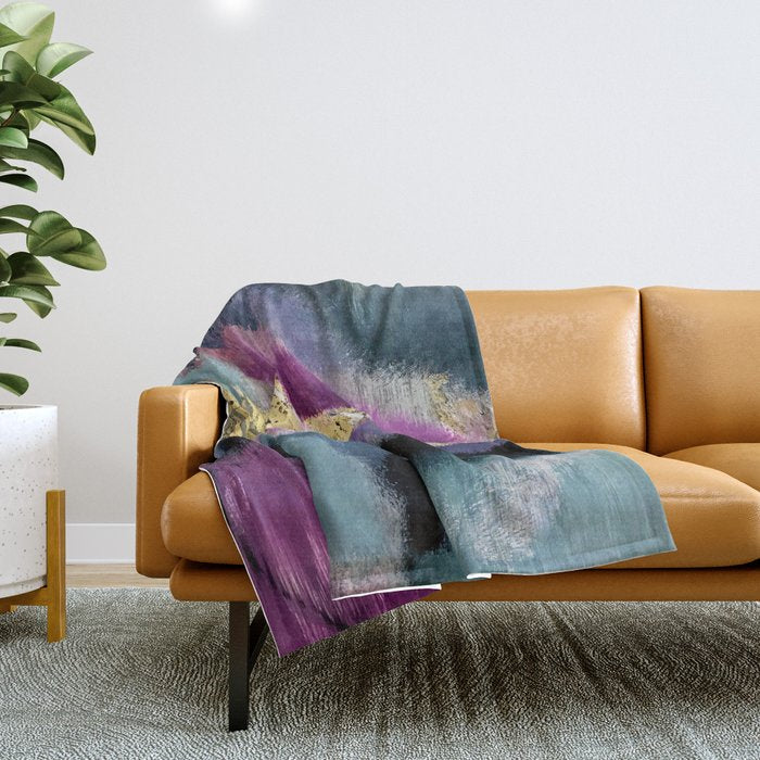 Gemini: a vibrant, colorful abstract piece in gold, purple, blue, black, and white Throw Blanket Gallery Image 1
