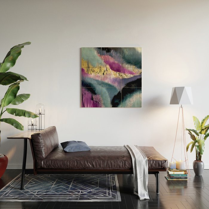Gemini: a vibrant, colorful abstract piece in gold, purple, blue, black, and white Wood Wall Art Gallery Image 2