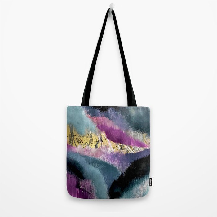 Gemini: a vibrant, colorful abstract piece in gold, purple, blue, black, and white Tote Bag Gallery Image 2