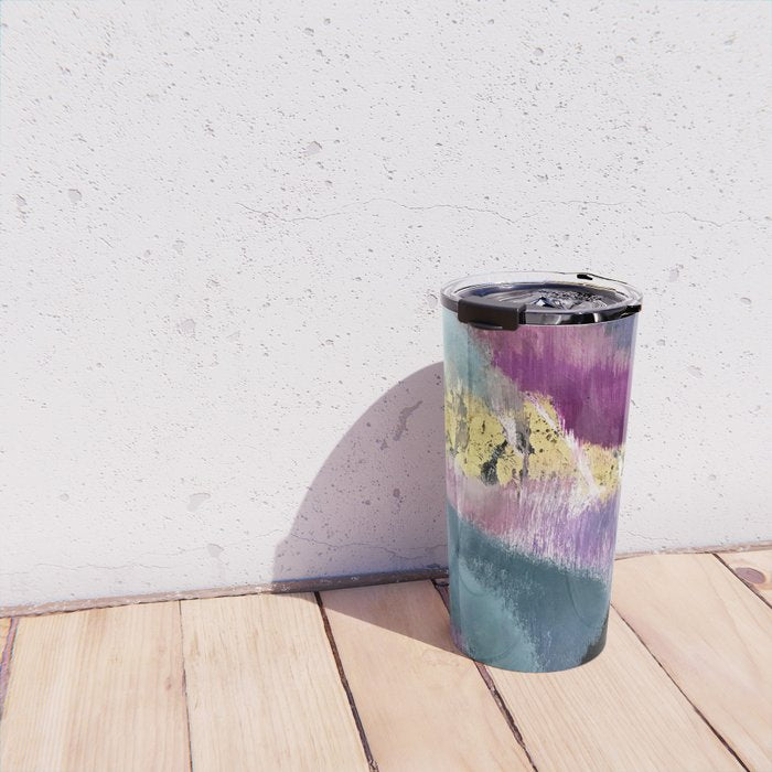 Gemini: a vibrant, colorful abstract piece in gold, purple, blue, black, and white Travel Mug Gallery Image 4