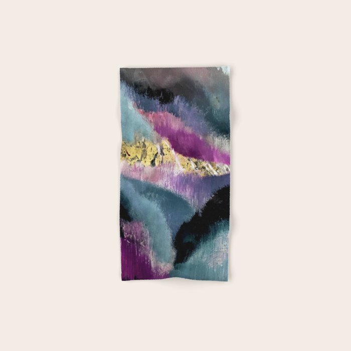 Gemini: a vibrant, colorful abstract piece in gold, purple, blue, black, and white Bath Towel Gallery Image 1