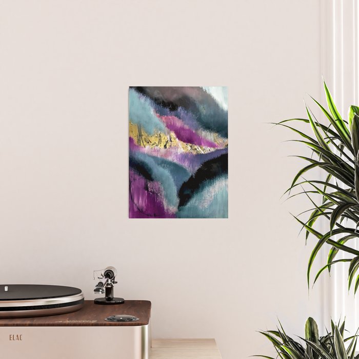 Gemini: a vibrant, colorful abstract piece in gold, purple, blue, black, and white Poster Gallery Image 2