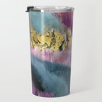 Gemini: a vibrant, colorful abstract piece in gold, purple, blue, black, and white Travel Mug Gallery Image 3