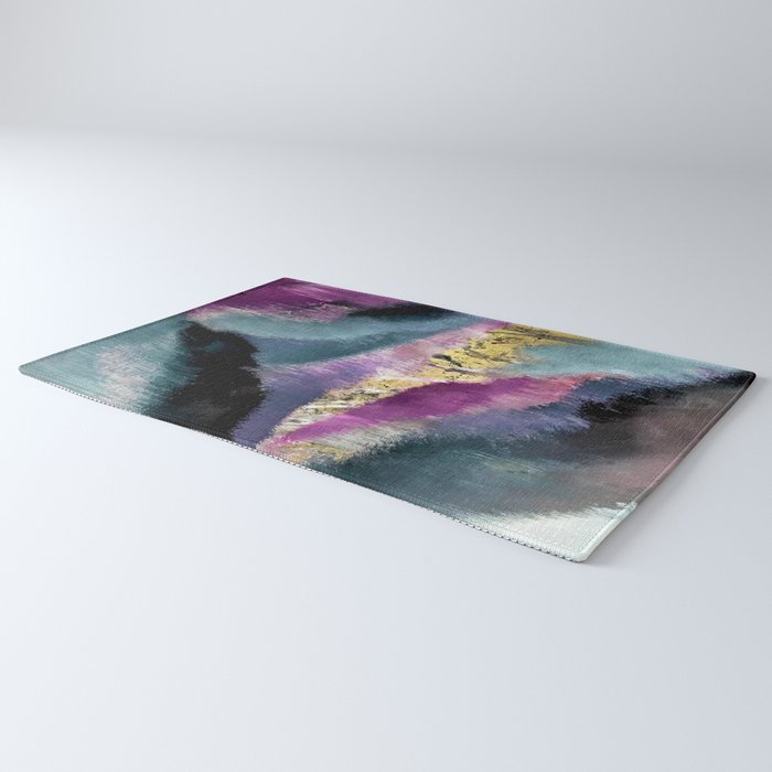 Gemini: a vibrant, colorful abstract piece in gold, purple, blue, black, and white Rug Gallery Image 3