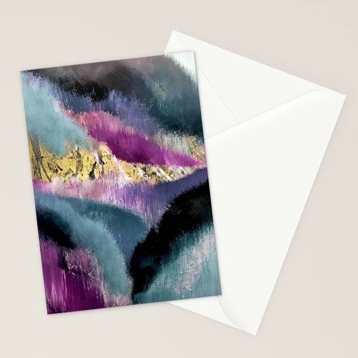 Gemini: a vibrant, colorful abstract piece in gold, purple, blue, black, and white Stationery Card Gallery Image 2