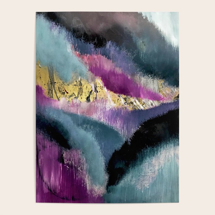 Gemini: a vibrant, colorful abstract piece in gold, purple, blue, black, and white Poster Gallery Image 4