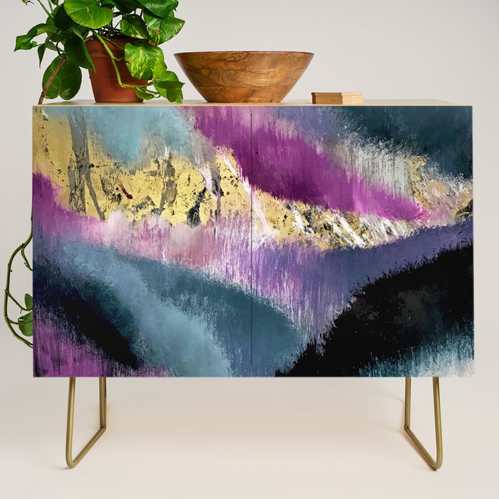 Gemini: a vibrant, colorful abstract piece in gold, purple, blue, black, and white Credenza Gallery Image 1