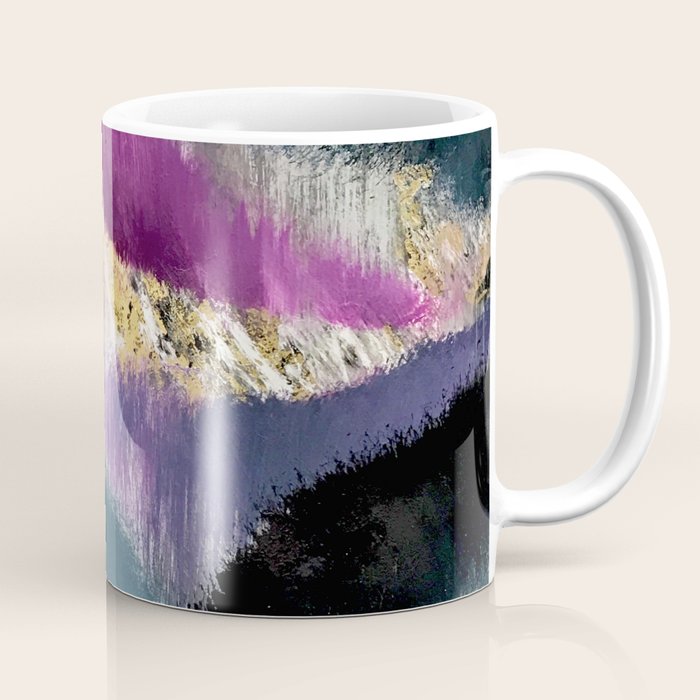 Gemini: a vibrant, colorful abstract piece in gold, purple, blue, black, and white Coffee Mug Gallery Image 1