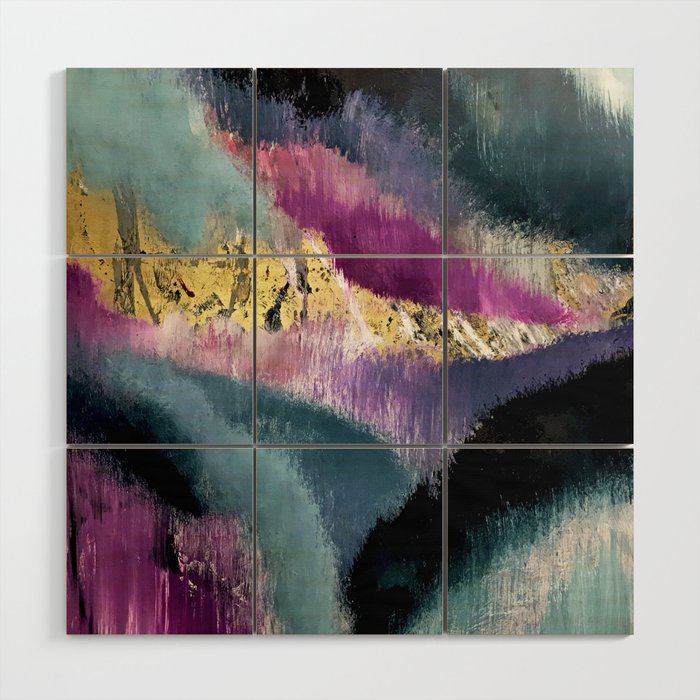 Gemini: a vibrant, colorful abstract piece in gold, purple, blue, black, and white Wood Wall Art Gallery Image 1