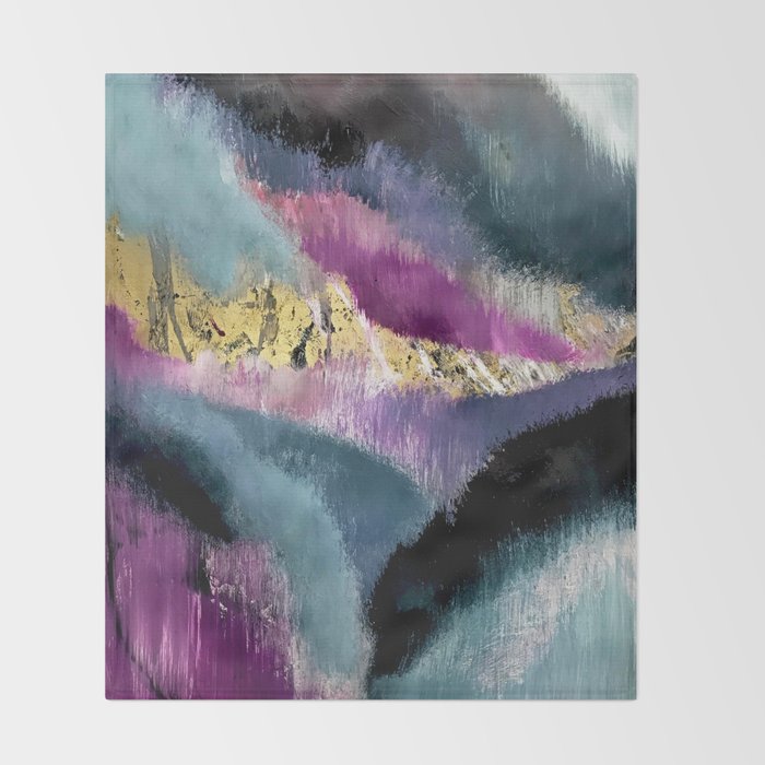 Gemini: a vibrant, colorful abstract piece in gold, purple, blue, black, and white Throw Blanket Gallery Image 2